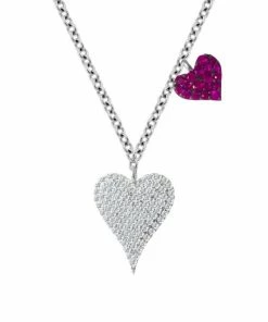 New 🤩 Meira T 14K White Gold Diamond & Ruby Double Heart Pendant Necklace 🔥