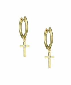 Buy β€οΈ Meira T 14K Yellow Gold & Diamond Cross Charm Huggie Hoop Earrings π